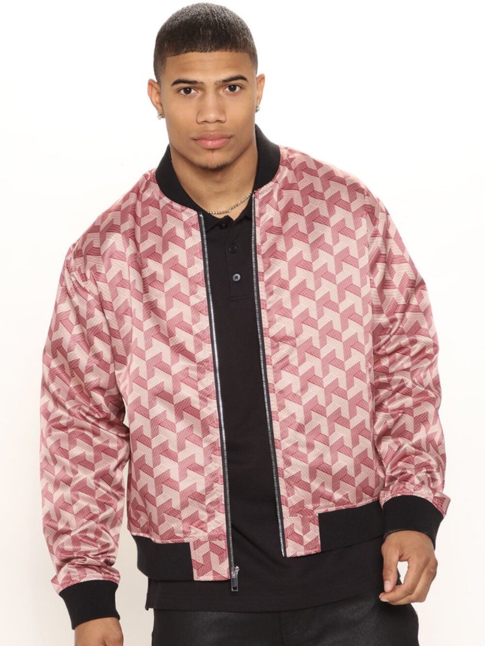 Fashion Nova Men's Lux Printed Bomber Jacket Red Pink